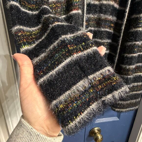 ModCloth Black Multicolor Metallic Chenille Fuzzy Long Cardigan Size L - Picture 4 of 7